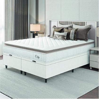 Imagem de Cama Box Colchão Baú Casal Queen Molas Ensacadas City Pillow Top 158x198x64cm Linho Branco / Bege Hellen - Suporta até 110kg por Pessoa