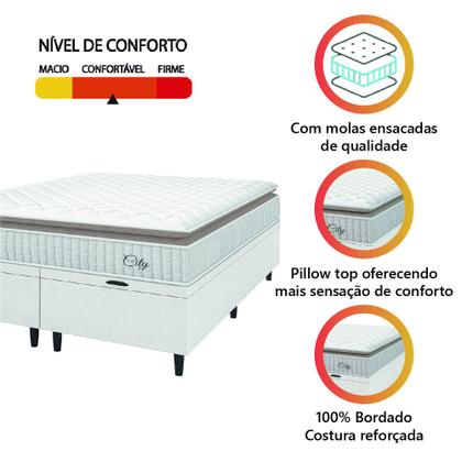 Imagem de Cama Box Colchão Baú Casal Queen Molas Ensacadas City Pillow Top 158x198x64cm Linho Branco / Bege Hellen - Suporta até 110kg por Pessoa