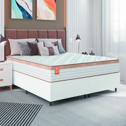 Imagem de Cama Box Colchão Casal King Molas Ensacadas Real 193x203x65cm Branco / Bege Linho Inducol - Suporta até 130kg por Pessoa