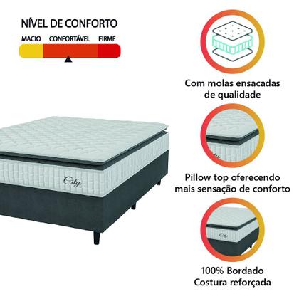Cama Box Colchão Casal Molas Ensacadas City Pillow Top 138x188x61cm Branco / Cinza Hellen - Suporta até 110kg por Pessoa Imagem de Cama Box Colchão Casal Molas Ensacadas City Pillow Top 138x188x61cm Branco / Cinza Hellen - Suporta até 110kg por Pessoa