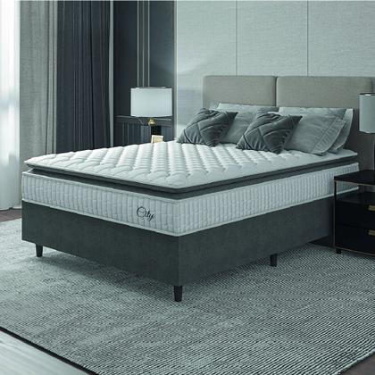 Cama Box Colchão Casal Molas Ensacadas City Pillow Top 138x188x61cm Branco / Cinza Hellen - Suporta até 110kg por Pessoa Imagem de Cama Box Colchão Casal Molas Ensacadas City Pillow Top 138x188x61cm Branco / Cinza Hellen - Suporta até 110kg por Pessoa