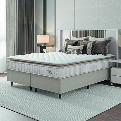 Cama Box Colchão Casal Queen Molas Ensacadas City Pillow Top 158x198x61cm Branco / Bege Hellen - Suporta até 110kg por Pessoa Imagem de Cama Box Colchão Casal Queen Molas Ensacadas City Pillow Top 158x198x61cm Branco / Bege Hellen - Suporta até 110kg por Pessoa