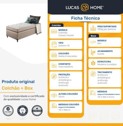 Imagem de Cama Box + Colchão de Solteiro Classic Molas Pocket 78x188x61cm