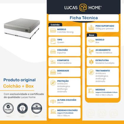 Imagem de Cama Box + Colchão Queen Strong D45 One Face 158x198x59cm Branco - Suporta até 150kg por pessoa