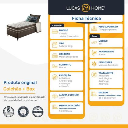 Imagem de Cama Box + Colchão Solteiro King Classic Molas Ensacadas 96x203x61cm