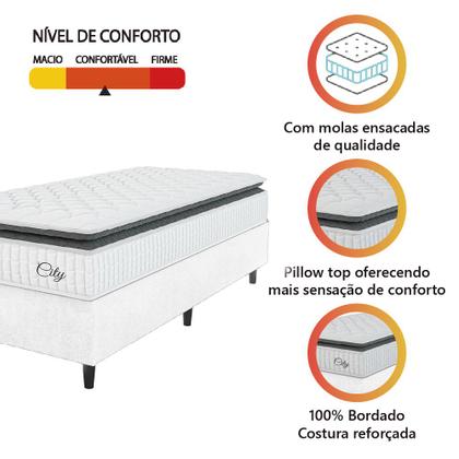 Cama Box Colchão Solteiro Molas Ensacadas City Pillow Top 88x188x61cm Linho Branco / Preto Hellen - Suporta até 110kg por Pessoa Imagem de Cama Box Colchão Solteiro Molas Ensacadas City Pillow Top 88x188x61cm Linho Branco / Preto Hellen - Suporta até 110kg por Pessoa