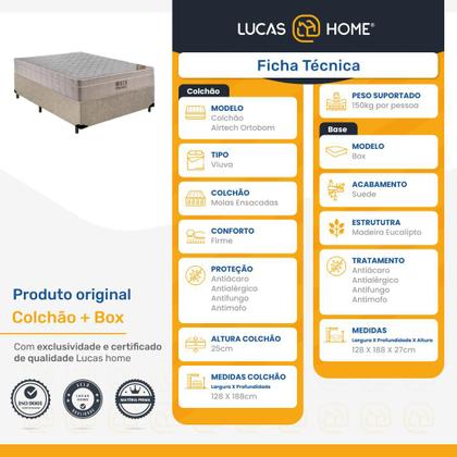 Imagem de Cama Box + Colchão Viúva Molas Ensacadas Airtech 128cm Bege - Suporta até 150 Kg Por Pessoa