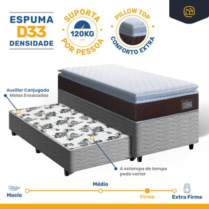 Imagem de Cama Box com Colchão de Espuma D33 Pillow Top Comfort Luxo Auxiliar de Molas Unique Solteiro 88 cm
