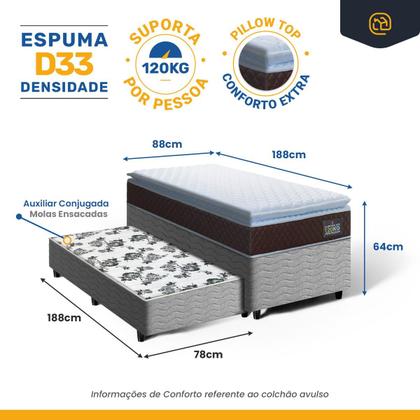 Imagem de Cama Box com Colchão de Espuma D33 Pillow Top Comfort Luxo Auxiliar de Molas Unique Solteiro 88 cm
