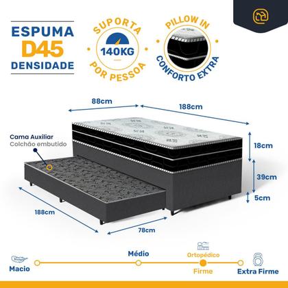 Imagem de Cama Box com Colchão de Espuma D45 Pillow In DAngelis OrtoConfort Auxiliar de Espuma Unique Solteiro 88cm
