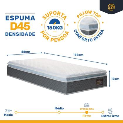 Imagem de Cama Box com Colchão de Espuma D45 Pillow Top Fort Comfort com Auxiliar de Espuma Unique Solteiro 88 cm