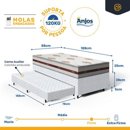Imagem de Cama Box com Colchao de Molas Ensacadas Anjos Classic Auxiliar de Espuma Unique Solteiro 88 cm