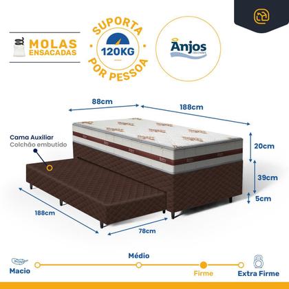 Imagem de Cama Box com Colchao de Molas Ensacadas Anjos Classic + Auxiliar de Espuma Unique Solteiro 88cm
