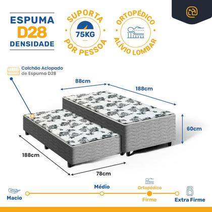 Imagem de Cama Box com Colchão e Auxiliar de Espuma Unique Bicama Solteiro 88 cm