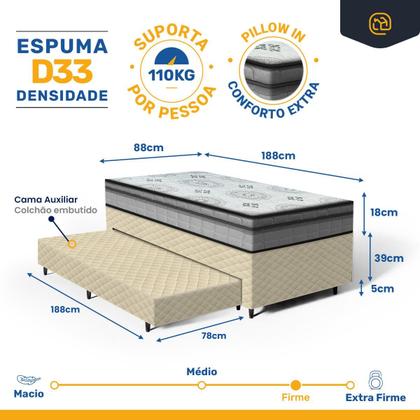 Imagem de Cama Box com Colchao Espuma D33 Pillow In Anjos Ortosleep + Auxiliar de Espuma Unique Solteiro 88cm