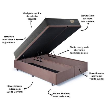 Imagem de Cama Box King com Baú Suede Marrom 193x203 com Colchão Adapto Molas Ensacadas Ecoflex