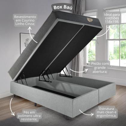 Imagem de Cama Box Queen Baú 158x198 Revestimento Sintético Linho Cinza com Colchão Adapto Molas Ensacadas Ecoflex
