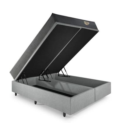 Imagem de Cama Box Queen Baú 158x198 Revestimento Sintético Linho Cinza com Colchão Adapto Molas Ensacadas Ecoflex