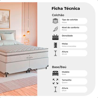 Imagem de Cama Box Queen Branco + Colchão Paris Molas Ensacadas Branco