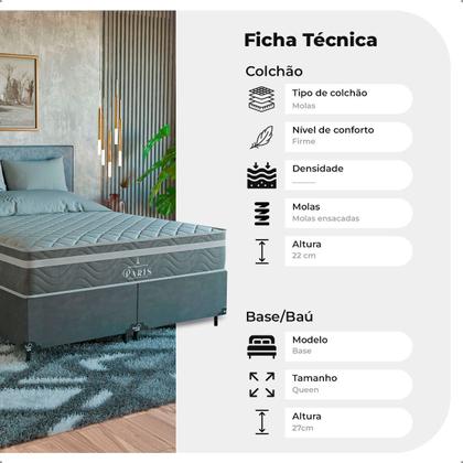 Imagem de Cama Box Queen Cinza + Colchão Paris Molas Ensacadas Cinza
