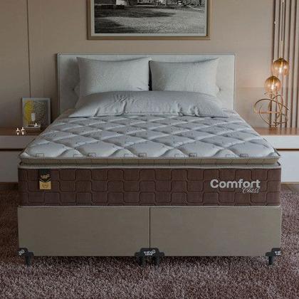 Imagem de Cama Box Queen + Colchão Comfort Class Pillow Top 158x198cm Marrom/suede Bege