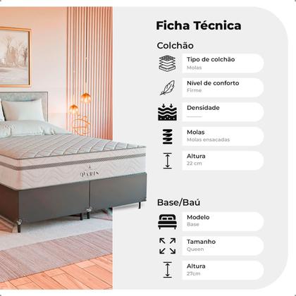 Imagem de Cama Box Queen Couro Preto + Colchão Paris Molas Branco