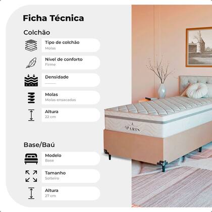Imagem de Cama Box Solteiro Bege + Colchão Paris Molas Branco