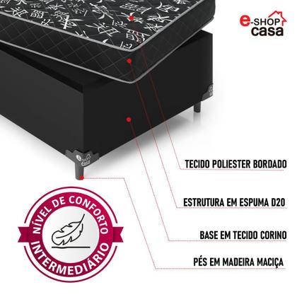 Imagem de Cama Box Solteiro + Colchão Espuma D20 - 51x88x188cm - Couro Preto