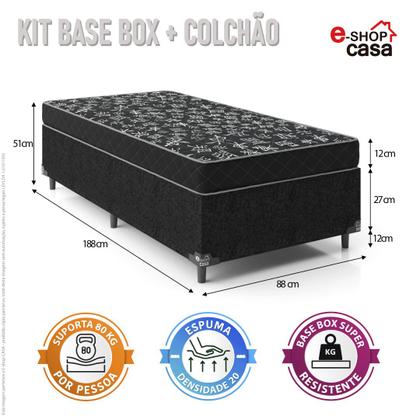 Imagem de Cama Box Solteiro + Colchão Espuma D20 - 51x88x188cm - Suede Preto