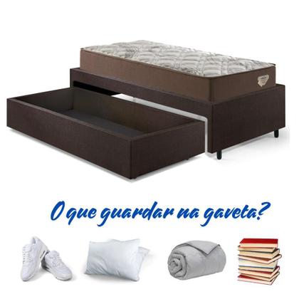 Imagem de Cama Box Solteiro com Gaveta 88x188cm Revestida em material sintético Linho Marrom com Colchão Relax Adorabile Ecoflex