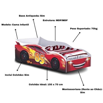 Imagem de Cama Carro Infantil Montessoriano Red 85 Para Quarto De Menino Com Colchão E Proteção Lateral