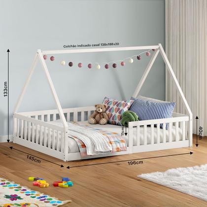 Imagem de Cama Casal Infantil Montessoriana Branco Madeira Casa com Estrado Ravi