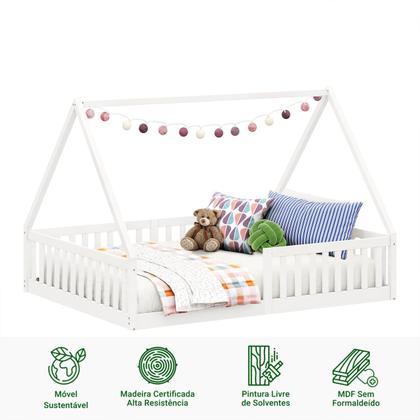Imagem de Cama Casal Infantil Montessoriana Branco Madeira Casa com Estrado Ravi