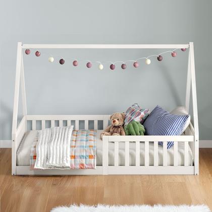 Imagem de Cama Casal Infantil Montessoriana Branco Madeira Casa com Estrado Ravi