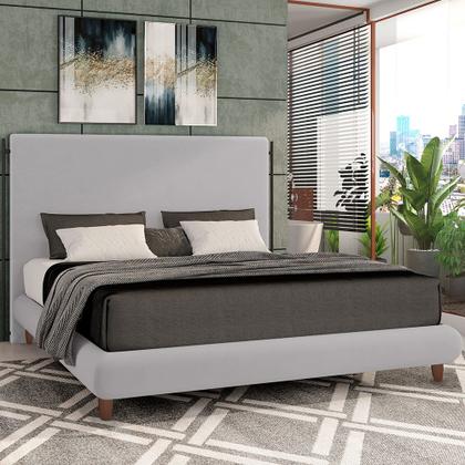 Imagem de Cama Casal King Base Box Pés de Madeira 210cm Otto P05 Veludo Cinza - Lyam Decor