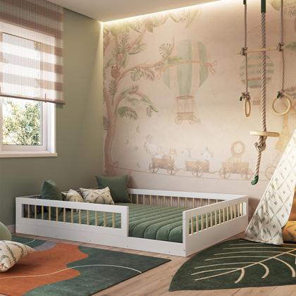 Imagem de Cama Casal Montessori de Chão com Cercado Branco