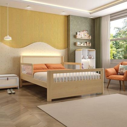 Imagem de Cama Casal Montessoriana Evolutiva LED com Rattan, Grade em Palitos Wave Casatema MadeiraOriginals Bege/Marrom