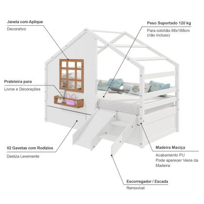 Imagem de Cama Casinha com Janela com 02 Gavetas e Escada/Escorregador Madeira Maciça Branco/ Amêndoa Housin