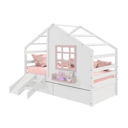 Imagem de Cama Casinha com Janela com 02 Gavetas e Escorregador Madeira Maciça Branco/ Rosa Housin
