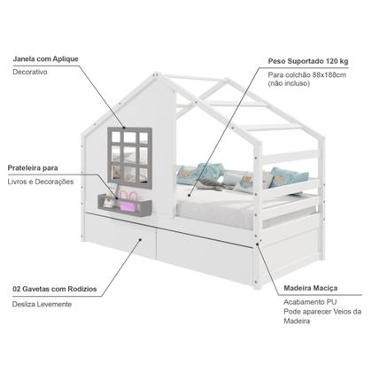 Imagem de Cama Casinha com Janela e 02 Gavetas Madeira Maciça Branco/ Cinza Housin