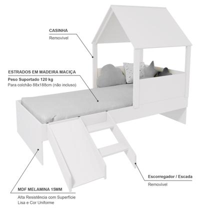 Imagem de Cama Casinha com Telhado Mdf e Escada/ Escorregador Branco Mobilistore