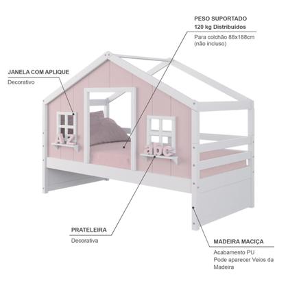 Imagem de Cama Casinha dos Sonhos Madeira Maciça Rosa/ Branco Megamobilia