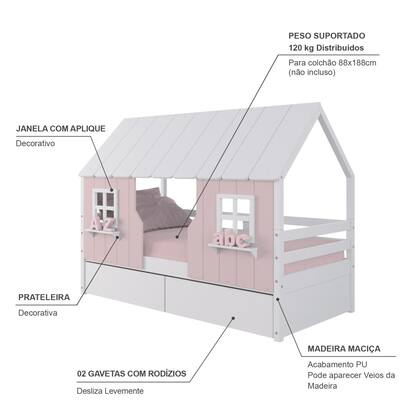 Imagem de Cama Casinha Encantada com 02 Gavetas Madeira Maciça Rosa/ Branco Housin
