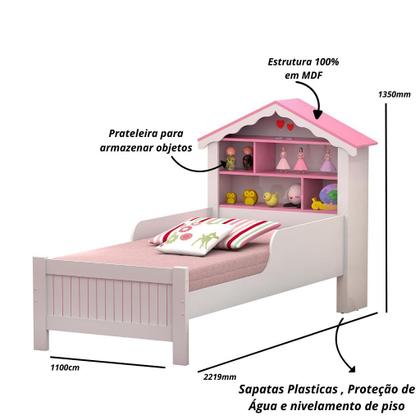 Imagem de Cama de Solteiro Cabeceira Casinha Princesa Prateleiras Rosa com Colchão