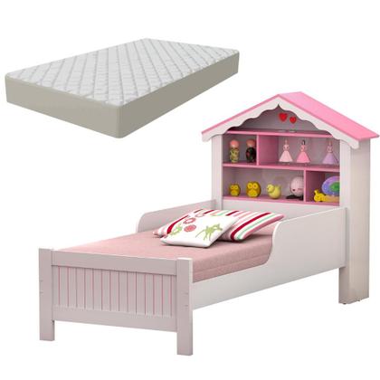 Imagem de Cama de Solteiro Cabeceira Casinha Princesa Prateleiras Rosa com Colchão