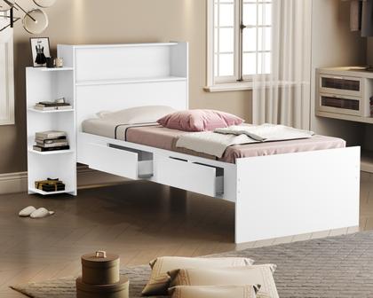 Imagem de Cama de solteiro madeira mdf com gavetas prateleiras e bau