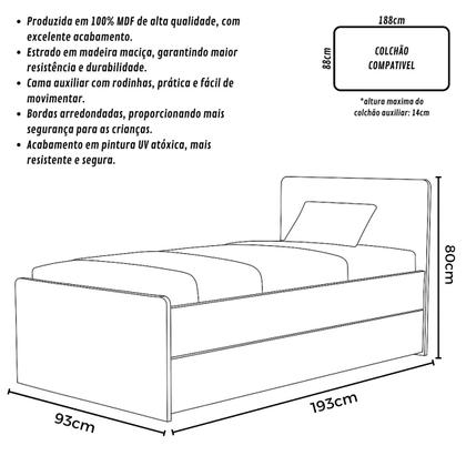Imagem de Cama de Solteiro MDF com Bicama Auxiliar Reforçada, Ideal para Quarto Infantil Compacto