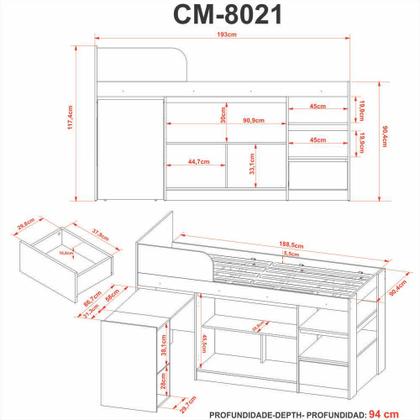Imagem de Cama de Solteiro Multifuncional com Escrivaninha e Armário CM8021 Tecnomóbili