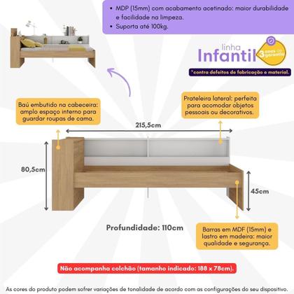 Imagem de Cama de Solteiro para Colchão 188 x 78cm com Baú Embutido e Prateleira Multimóveis MP4257