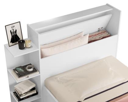 Imagem de cama de solteiro para quarto com baú prateleira lateral com 2 gavetas corrediças telescópica na cor branca